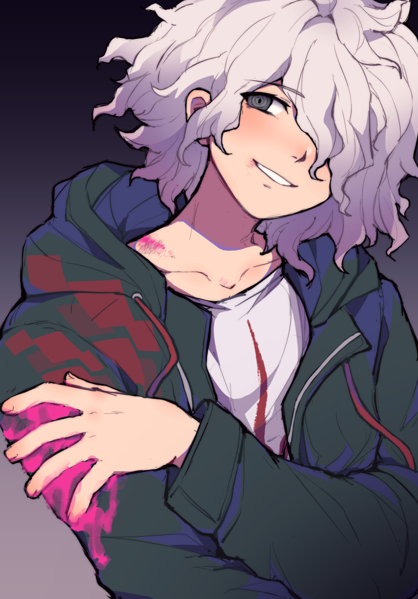 1boy, bangs, blood, blood_on_clothes, collarbone, danganronpa_(series), danganronpa_2:_goodbye_despair, gradient