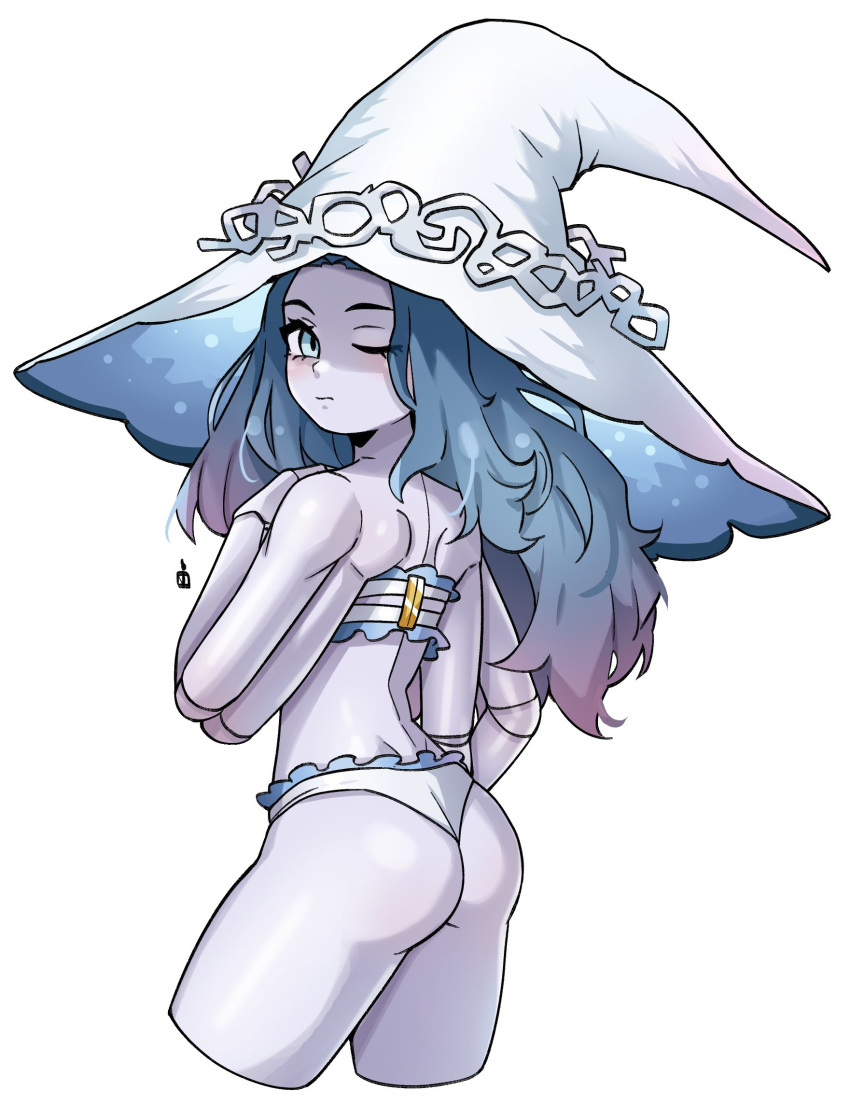 1girl, ass, blue_eyes, blue_hair, bra, closed_mouth, colored_skin, commentary_typo, cropped_legs, doll_joints, elden_ring, error, extra_arms, from_behind, gradient_hair, grey_skin, hat, highres, joints, large_hat, long_hair, looking_at_viewer, looking_back, multicolored_hair, one_eye_closed, oninuer, panties, purple_hair, ranni_the_witch, simple_background, solo, standing, underwear, white_background, white_bra, white_headwear, white_panties, witch_hat
