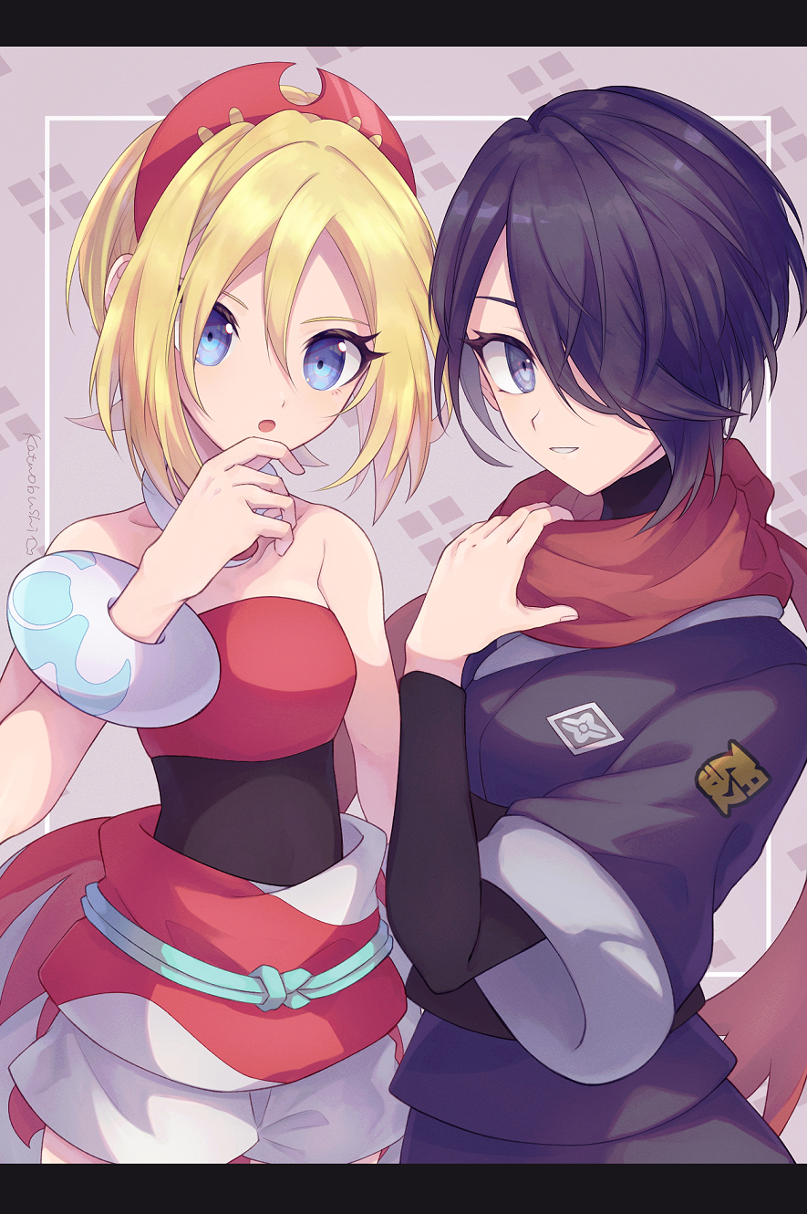 2girls, akari_(pokemon), artist_name, bangs, black_hair, black_shirt, blonde_hair, blue_eyes