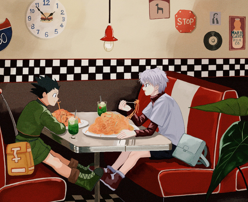 2boys, bag, black_hair, child, eating, food, highres, hunter_x_hunter