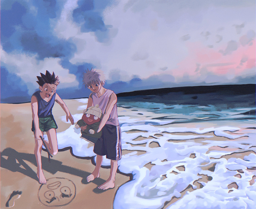 1other, 2boys, :d, barefoot, beach, black_hair, child, drawing