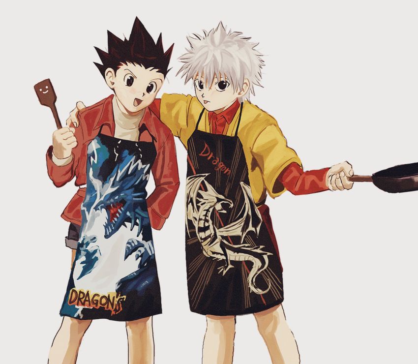 2boys, :p, apron, black_eyes, black_hair, child, dragon_print, frying_pan