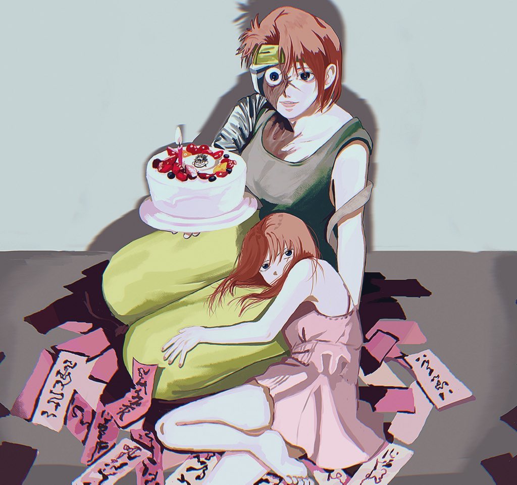2girls, birthday_cake, cake, dress, food, headband, hiei_(yu_yu_hakusho), holding