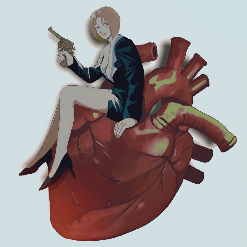 1girl, absurdres, blonde_hair, gun, heart_(organ), high_heels, highres, holding