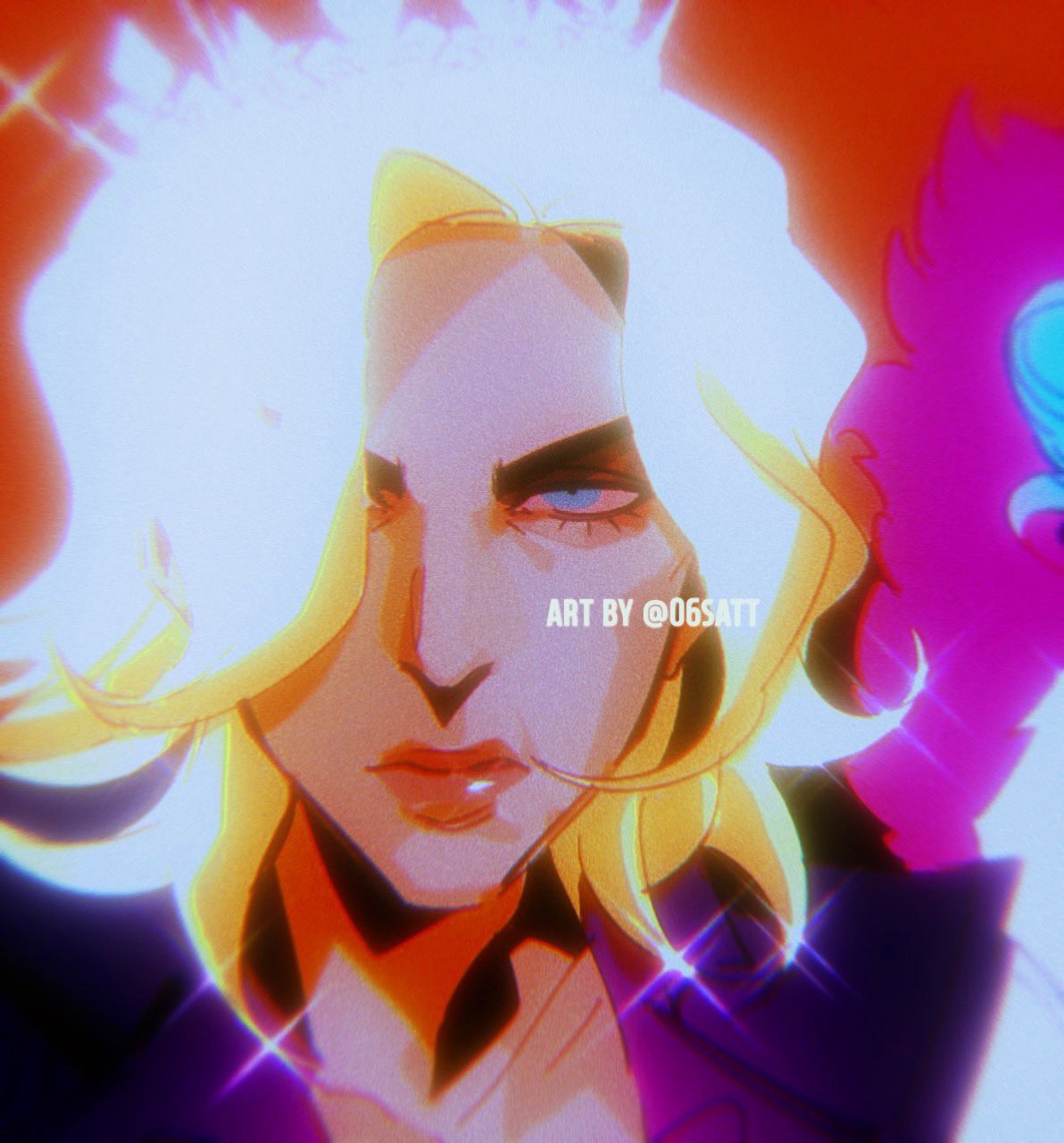 1boy, artist_name, bangs, blonde_hair, collarbone, glowing, glowing_hair, hair_over_one_eye
