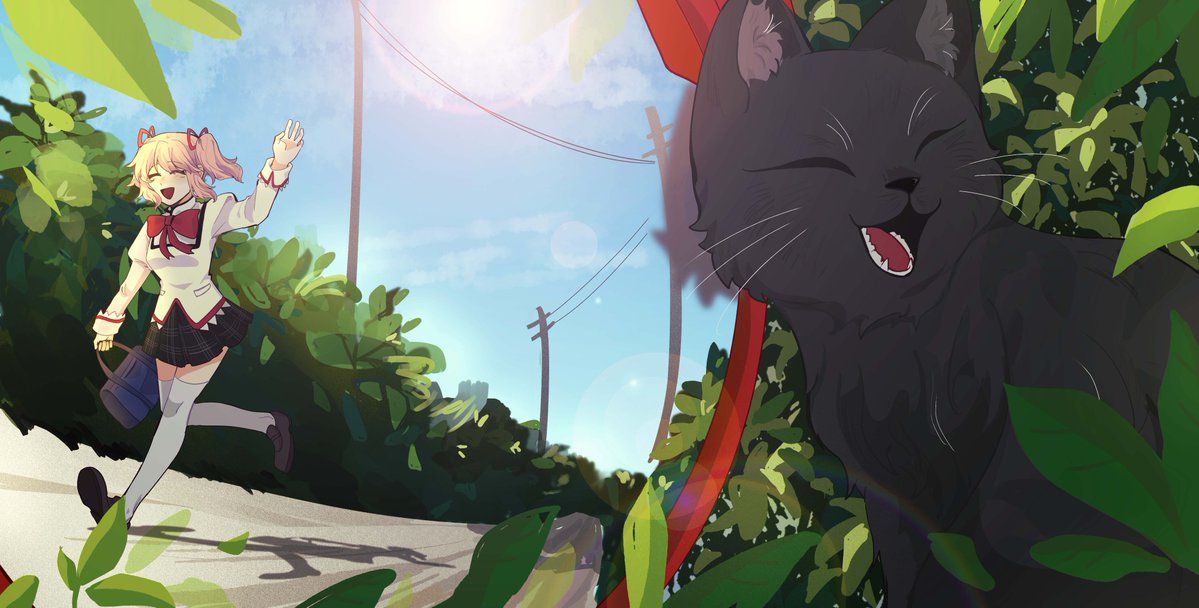 ^_^, ^o^, amy_(madoka_magica), bag, black_cat, cat, closed_eyes, kaname_madoka