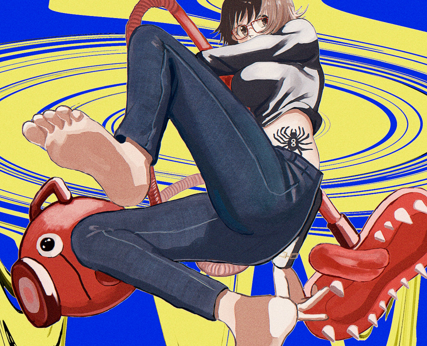 1girl, barefoot, black_hair, black_shirt, brown_eyes, denim, fighting, glasses