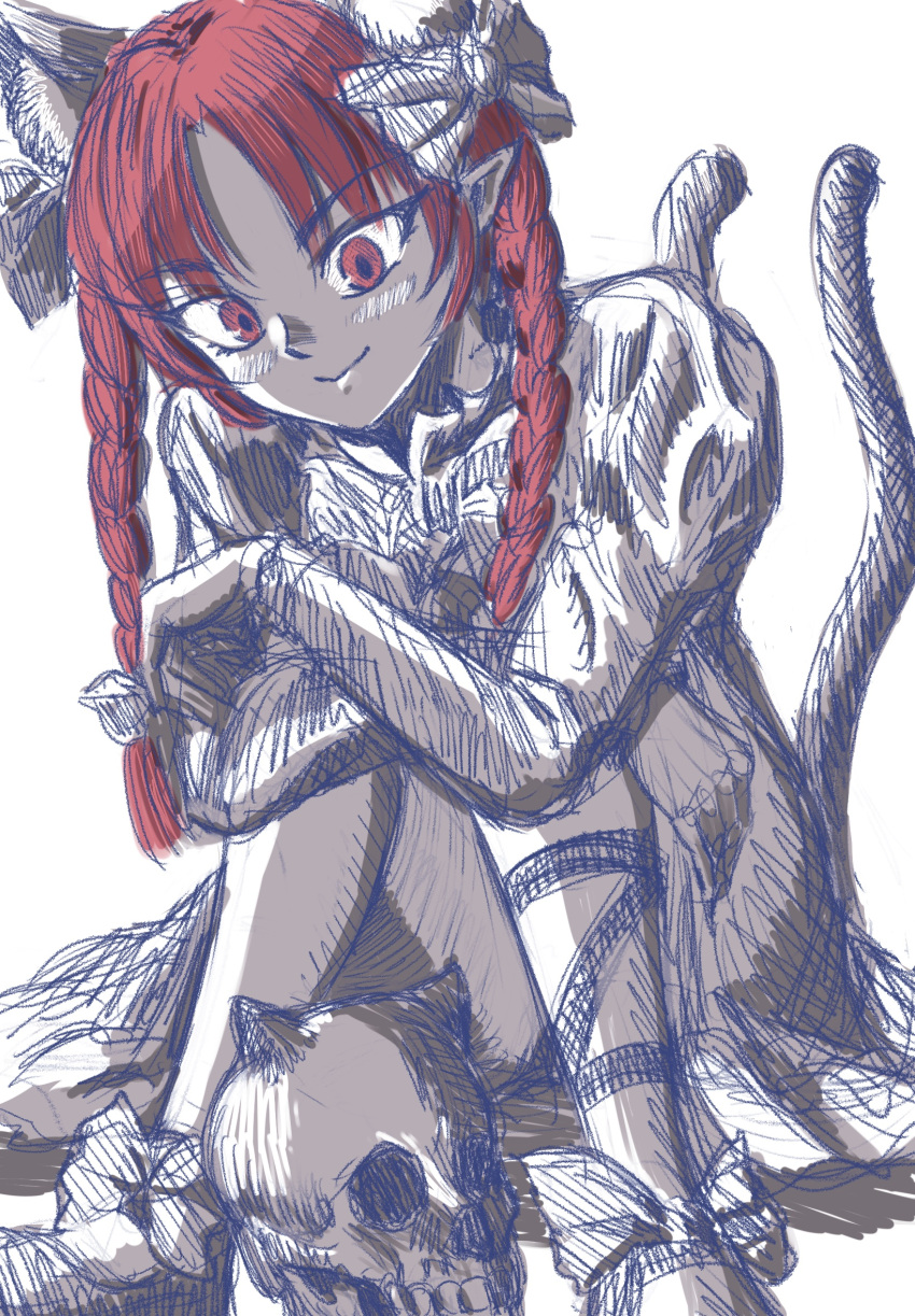 1girl, animal_ears, bangs, black_bow, bow, braid, cat_ears, cat_tail