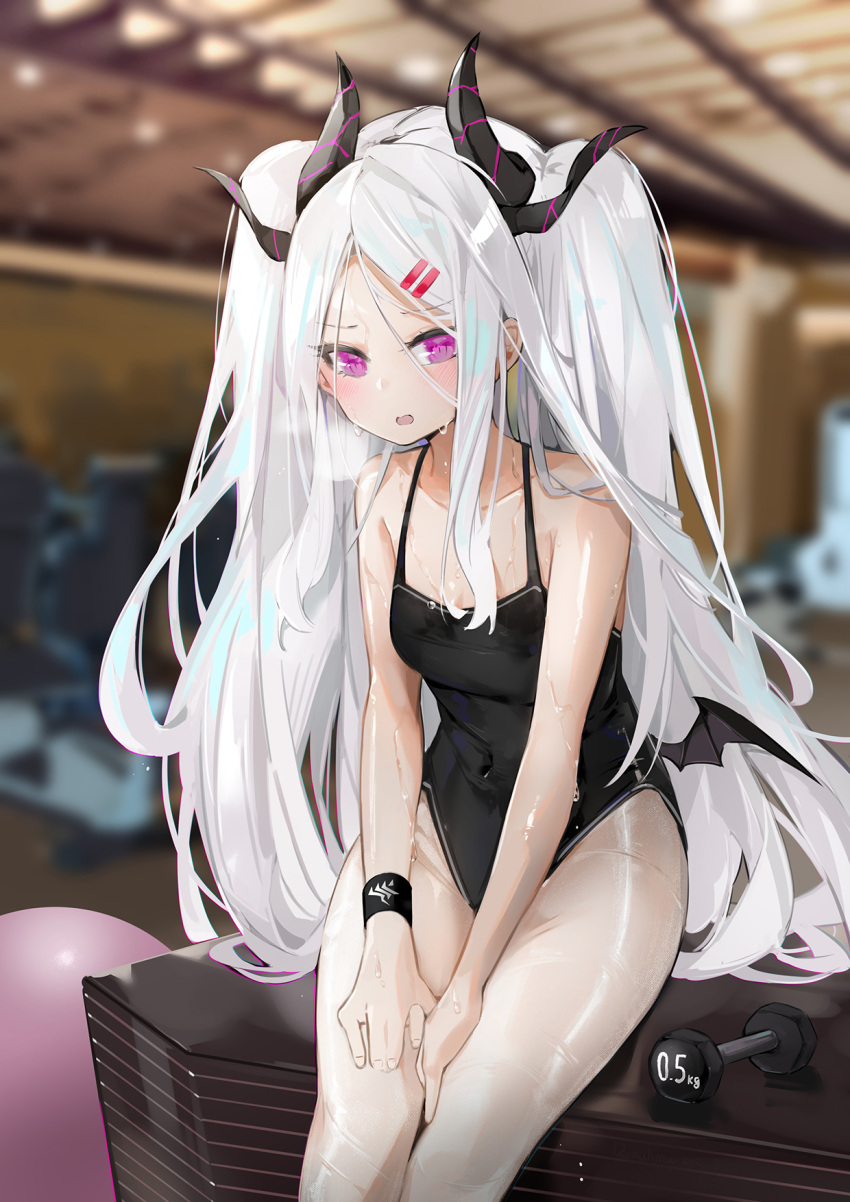 1girl, armband, barbell, blue_archive, blurry, blurry_background, blush, gehenna, gym, hairclip, hina_(blue_archive), horns, indoor, light, looking_at_viewer, pink_eyes, sitting, sleeveless, solo, solo_focus, sportswear, stockings, sweat, sweating, sweating_profusely, very_long_hair, weightlifting, white_hair, wings