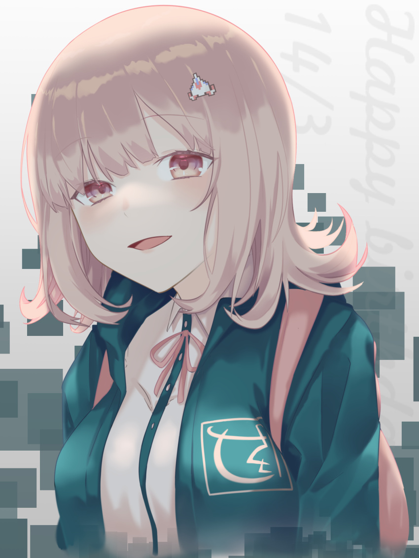 1girl, :d, bangs, black_shirt, breasts, danganronpa_(series), danganronpa_2:_goodbye_despair, dress_shirt, eyebrows_visible_through_hair, galaga, green_jacket, grey_background, hair_ornament, highres, jacket, large_breasts, medium_hair, minako_larima, nanami_chiaki, neck_ribbon, open_clothes, open_jacket, open_mouth, pink_eyes, ribbon, shirt, smile, upper_body, white_background, white_shirt