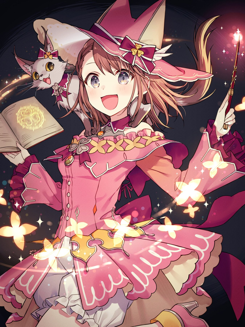 1girl, animal_hat, animal_on_shoulder, bloomers, blue_eyes, blush, book, brown_hair, cat, cat_hat, cat_on_shoulder, commentary, dress, frilled_dress, frills, grey_cat, hanasato_minori, hat, highres, magic, medium_hair, open_mouth, pink_dress, pink_headwear, project_sekai, shachi_(kaisendon), smile, solo, underwear, wand, wide_sleeves, witch