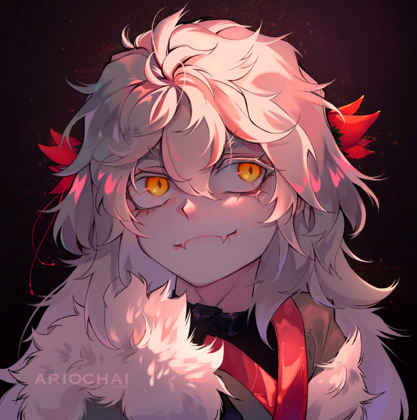 1boy, ariochai, bangs, bloodshot_eyes, colored_eyelashes, diamond-shaped_pupils, diamond_(shape), eyelashes, face, fang, fang_out, flower, flower_request, fur_trim, hair_between_eyes, hair_flower, hair_ornament, highres, japanese_clothes, long_hair, looking_away, looking_up, male_focus, messy_hair, original, portrait, red_flower, simple_background, solo, symbol-shaped_pupils, thick_eyebrows, yellow_eyes
