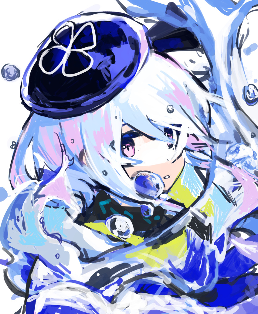 1boy, arknights, bangs, blue_hair, blue_headwear, blue_neckerchief, daokweok, highres, looking_at_viewer, male_focus, mizuki_(arknights), neckerchief, simple_background, swept_bangs, upper_body, violet_eyes, water_drop, white_background