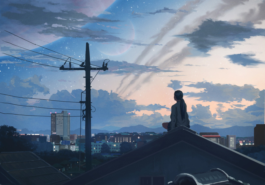 1girl, absurdres, black_hair, black_skirt, building, city, cityscape, clouds, commentary_request, contrail, evening, highres, hood, hoodie, kake_(kakelele), mountain, mountainous_horizon, night, night_sky, original, planet, pleated_skirt, ponytail, power_lines, rooftop, scenery, sitting, skirt, sky, skyscraper, solo, star_(sky), tree, utility_pole, white_hoodie