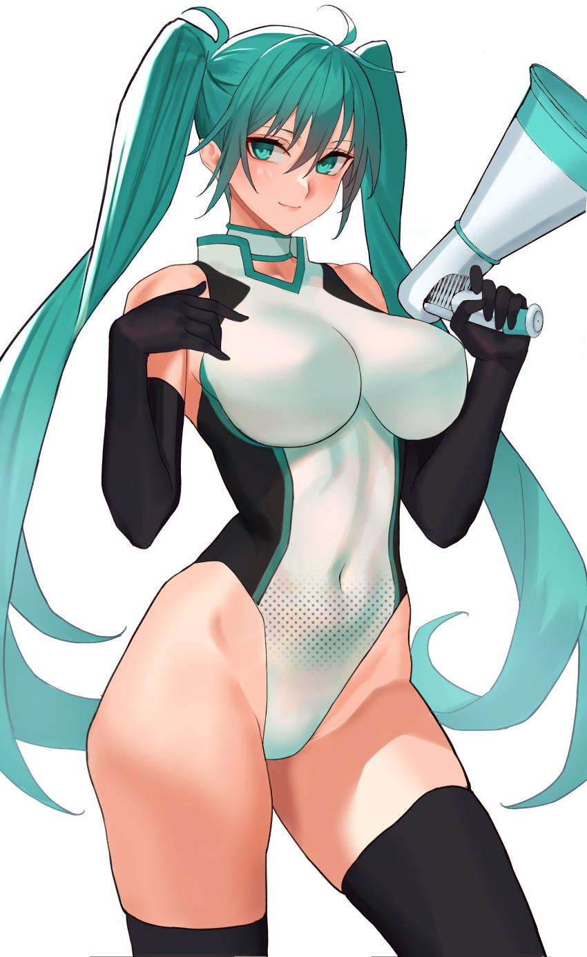 1girl, absurdres, ahoge, alternate_breast_size, alternate_costume, aqua_hair, black_gloves, black_legwear