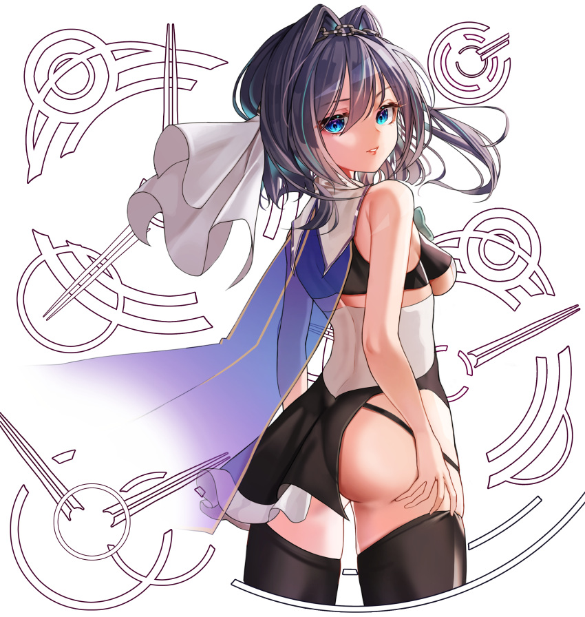 1girl, absurdres, ass, ass_grab, backboob, bangs, bare_arms, black_hair