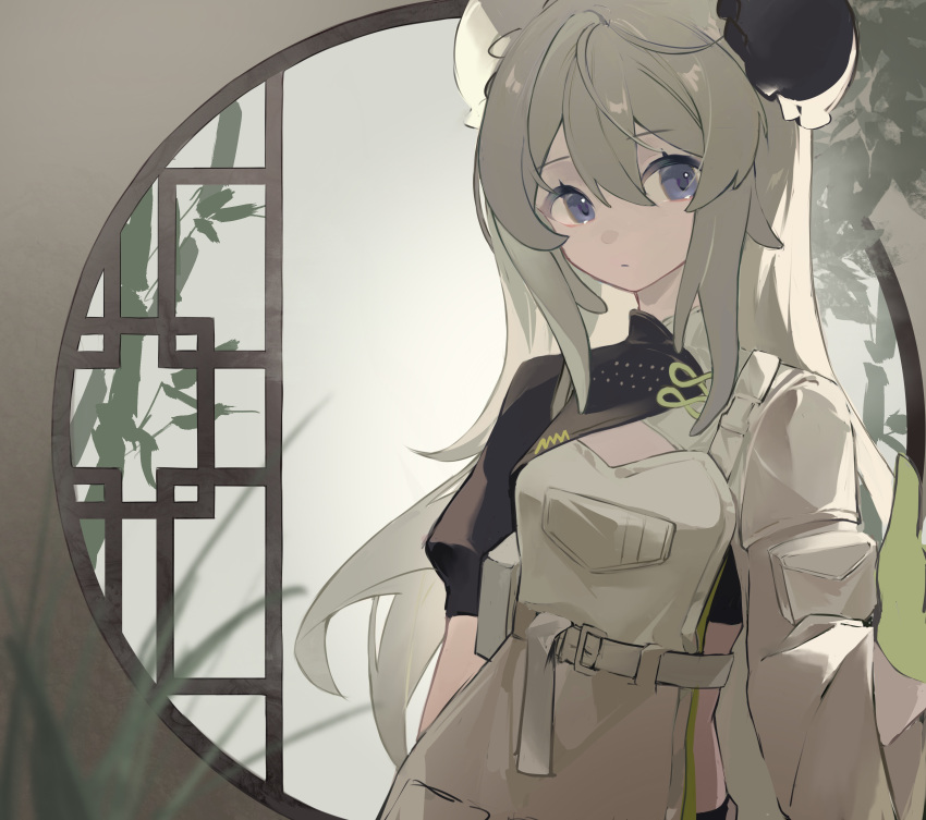 1girl, 233baso4, absurdres, apron, arknights, asymmetrical_clothes, bangs, blue_eyes, bun_cover, closed_mouth, eyebrows_visible_through_hair, hair_between_eyes, highres, indoors, long_hair, long_sleeves, looking_at_viewer, mulberry_(arknights), mulberry_(plant_crude_drug)_(arknights), official_alternate_costume, round_window, short_sleeves, silver_hair, solo, upper_body, very_long_hair, white_apron, window