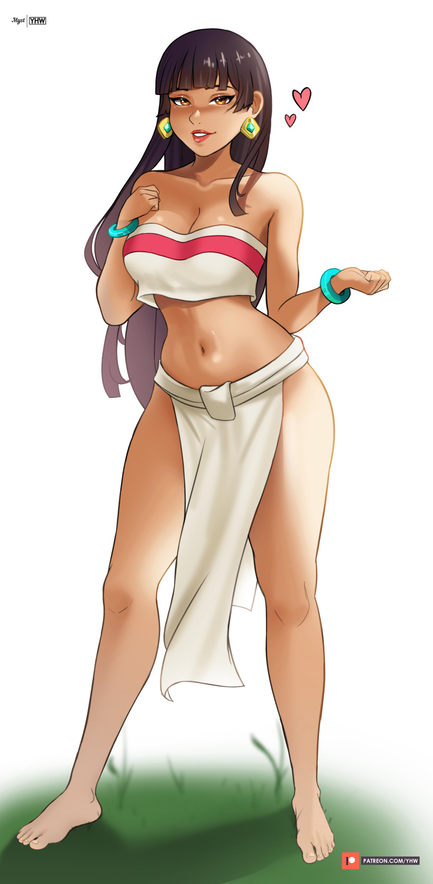 1girl, absurdres, bangle, barefoot, blush, bracelet, brown_hair, chel_(the_road_to_el_dorado), dark_skin, dreamworks, earrings, grass, heart, highres, jewelry, long_hair, looking_at_viewer, midriff, mystyhw, navel, pelvic_curtain, smile, standing, strapless, the_road_to_el_dorado, toes, tribal, tube_top, yellow_eyes