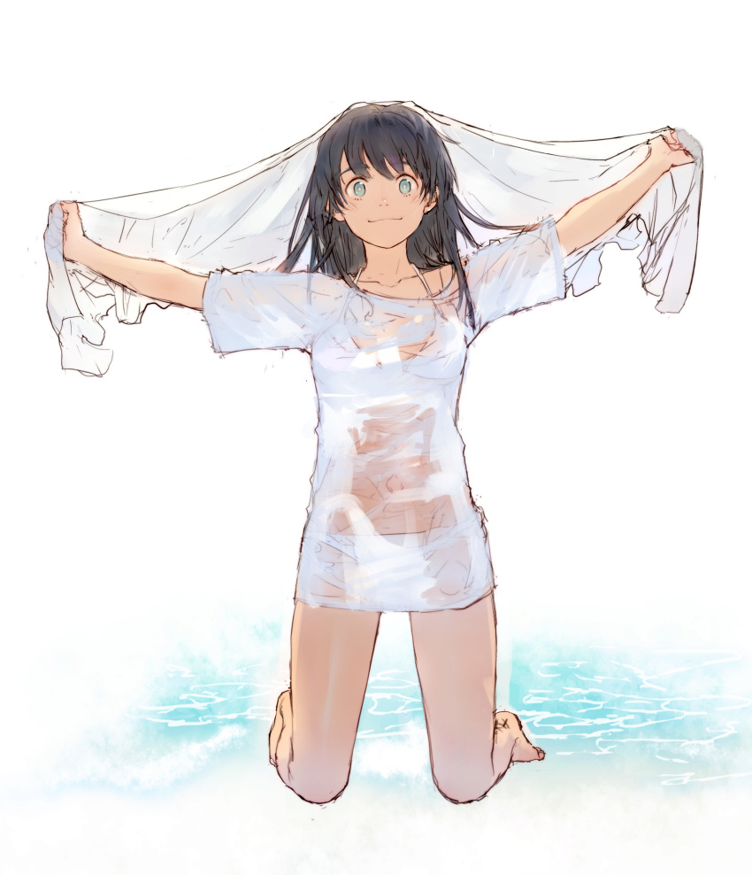 1girl, arms_up, barefoot, bikini, black_hair, blue_eyes, breasts, commentary_request