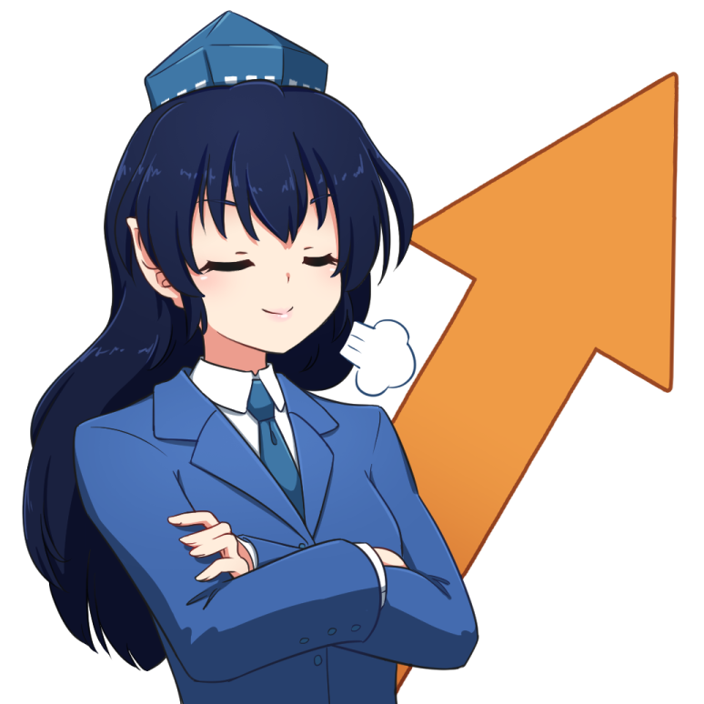 1girl, arrow_(symbol), bangs, blue_hair, blue_headwear, blue_jacket, blue_necktie, business, business_suit, closed_eyes, collared_shirt, crossed_arms, formal, happy, hat, iizunamaru_megumu, jacket, long_hair, long_sleeves, meme, necktie, office_lady, pointy_ears, rakkidei, shirt, simple_background, smile, stonks, suit, suit_jacket, tokin_hat, touhou, white_background, white_shirt
