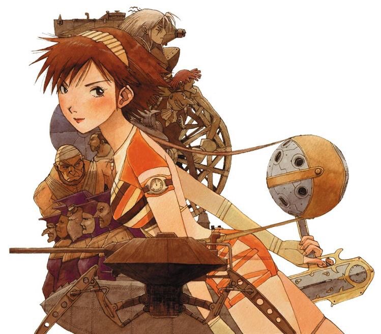 1girl, 5boys, arms_behind_head, bangs, bike_shorts, blush, breasts, brown_eyes, brown_hair, character_request, commentary_request, hairband, kasahara_tetsurou, kuusou_kagaku_edison, machine, medium_breasts, midriff, multiple_boys, orange_shorts, science_fiction, short_hair, short_sleeves, shorts, skin_tight