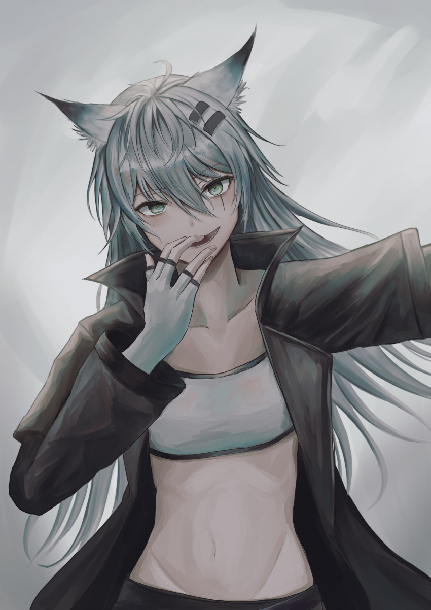 1girl, :d, absurdres, animal_ears, arknights, bandeau, bangs, black_jacket, commentary, eyebrows_visible_through_hair, fingerless_gloves, gloves, grey_background, grey_eyes, groin, hair_ornament, hairclip, highres, jacket, kuro_beyan, lappland_(arknights), long_hair, long_sleeves, looking_at_viewer, midriff, navel, open_clothes, open_jacket, open_mouth, scar, scar_across_eye, silver_hair, smile, solo, stomach, strapless, tube_top, upper_body, white_gloves, wolf_ears