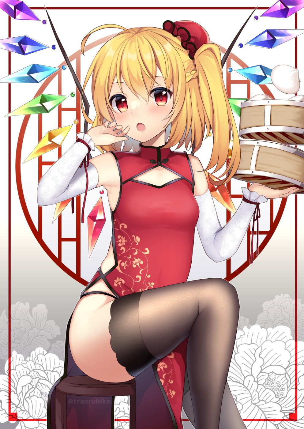 1girl, :o, ahoge, alternate_costume, armpits, bangs, baozi, bare_shoulders