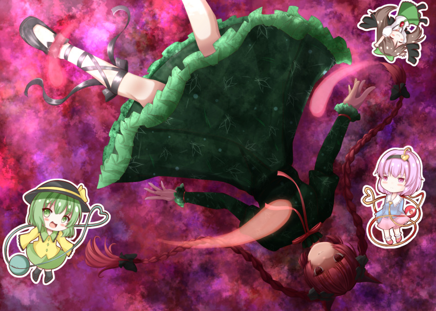 4girls, abstract_background, animal_ears, bangs, black_bow, black_ribbon, blunt_bangs, bow, braid, cat_ears, cat_tail, chibi, dress, eyebrows_visible_through_hair, green_dress, hair_bow, hair_ribbon, hitodama, juliet_sleeves, kaenbyou_rin, komeiji_koishi, komeiji_satori, leg_ribbon, long_hair, long_sleeves, looking_at_viewer, multiple_girls, multiple_tails, n_rinkoro, nekomata, outline, puffy_sleeves, red_eyes, red_ribbon, redhead, reiuji_utsuho, ribbon, tail, touhou, tress_ribbon, twin_braids, twintails, two_tails, upside-down, very_long_hair, white_outline