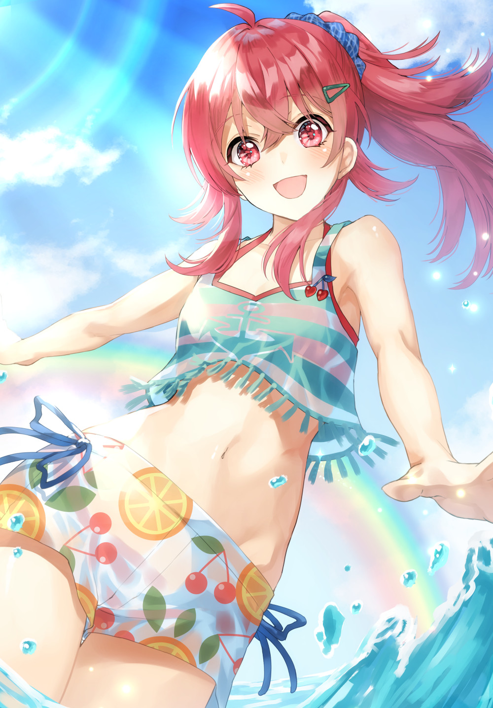 ahoge, anchor_print, bangs, blue_sky, blush, breasts, clouds, collarbone