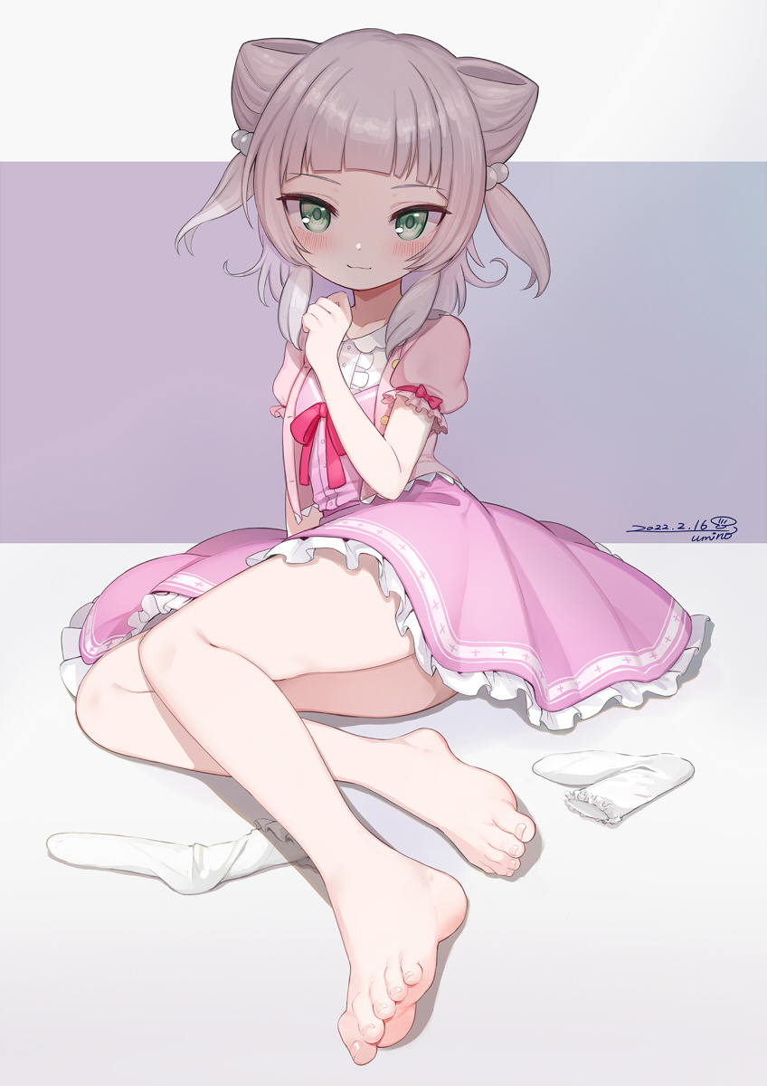 1girl, bangs, barefoot, blunt_bangs, blush, double_bun, dress, feet, green_eyes, hair_bobbles, hair_bun, hair_ornament, hand_to_own_mouth, highres, kashiwagi_mia, legs, long_hair, looking_at_viewer, ongeki, pink_dress, pink_shirt, shirt, short_sleeves, silver_hair, sitting, smile, socks, socks_removed, solo, thighs, toes, two_side_up, umino_hotate