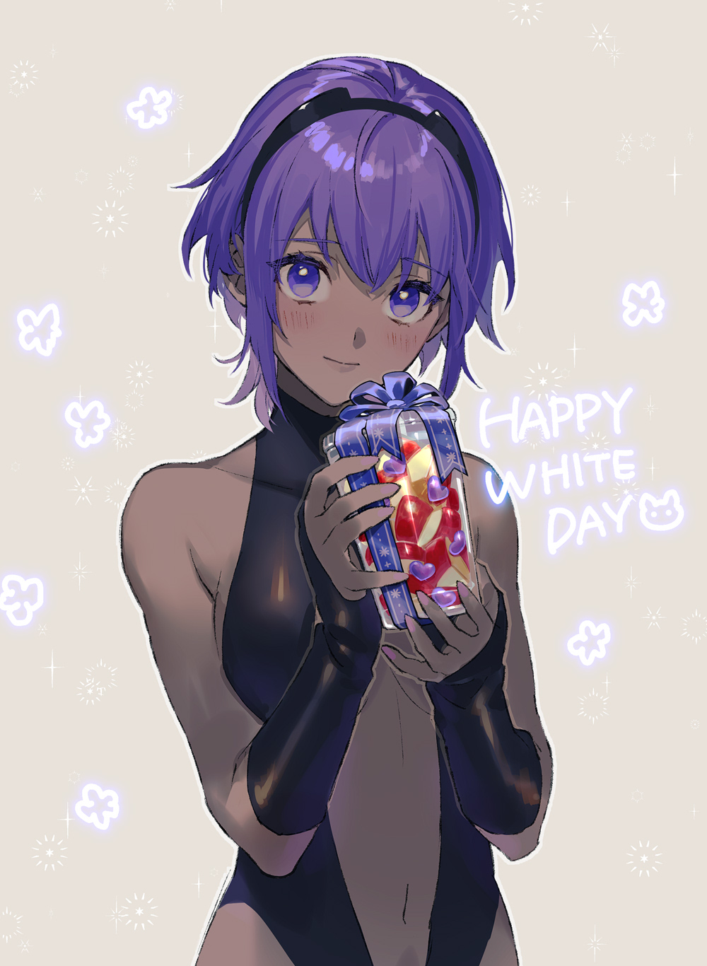 1girl, black_hairband, black_leotard, box, breasts, center_opening, dark-skinned_female, dark_skin