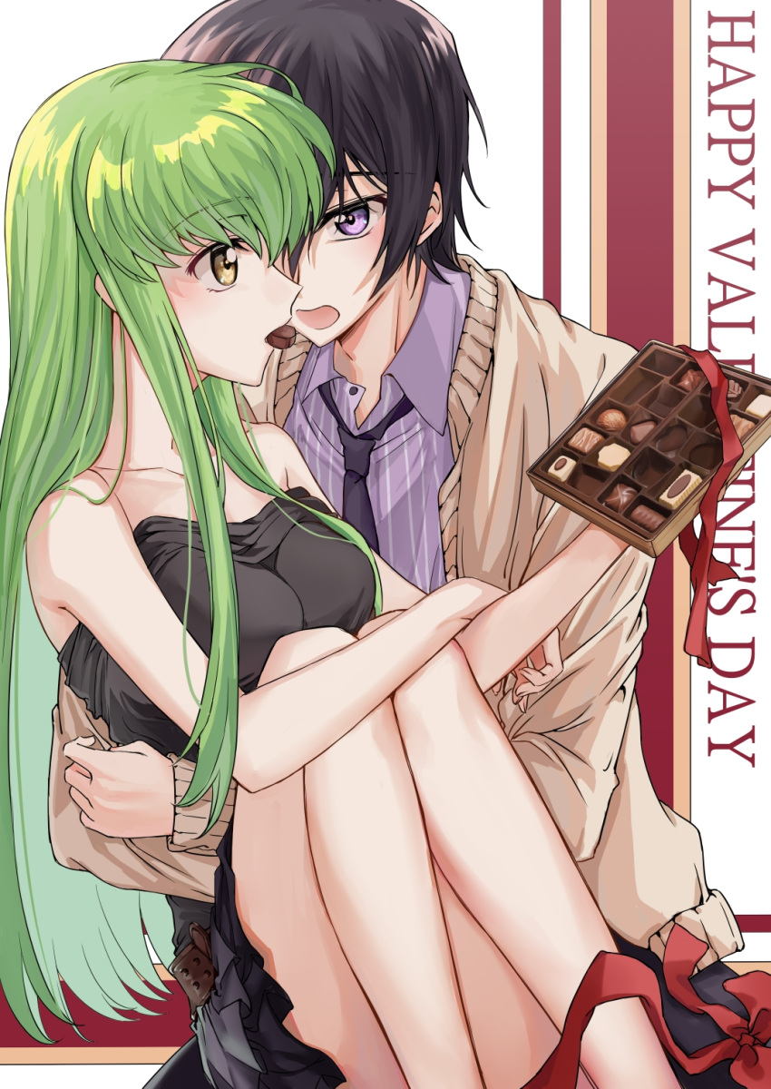 1boy, 1girl, bare_arms, bare_legs, black_dress, black_hair, black_necktie, c.c., cardigan, chocolate, code_geass, collarbone, collared_shirt, couple, dress, green_hair, happy_valentine, hetero, highres, hug, lelouch_lamperouge, long_hair, mouth_hold, necktie, okuseric, open_cardigan, open_clothes, open_mouth, purple_shirt, red_ribbon, ribbon, shiny, shiny_hair, shirt, short_dress, short_hair, straight_hair, strapless, strapless_dress, striped, striped_shirt, valentine, vertical-striped_shirt, vertical_stripes, very_long_hair, violet_eyes, wing_collar, yellow_eyes