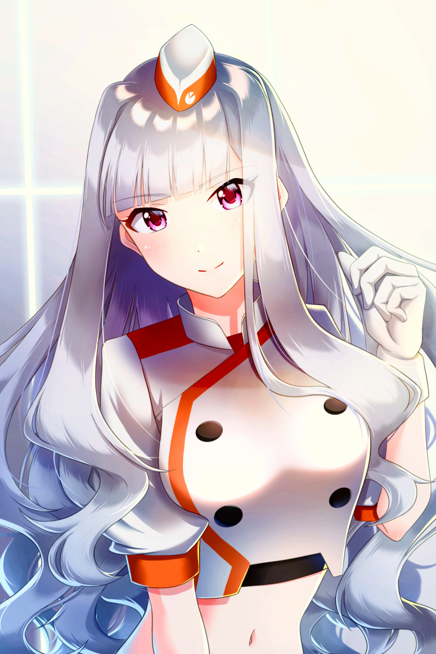 1girl, bangs, blunt_bangs, closed_mouth, crop_top, eyebrows_visible_through_hair, gloves, hat