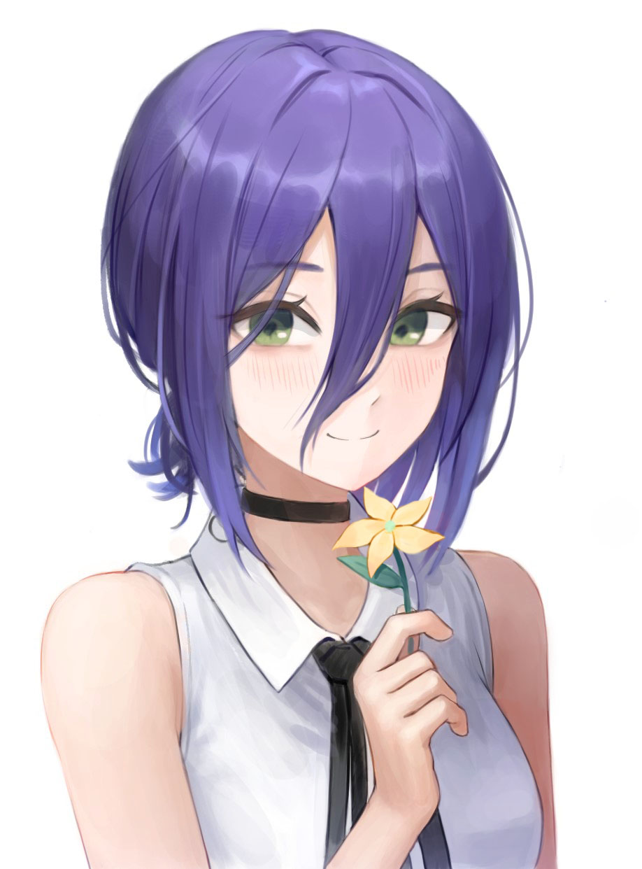 1girl, alohayuja, bangs, black_choker, black_ribbon, blush, chainsaw_man, choker