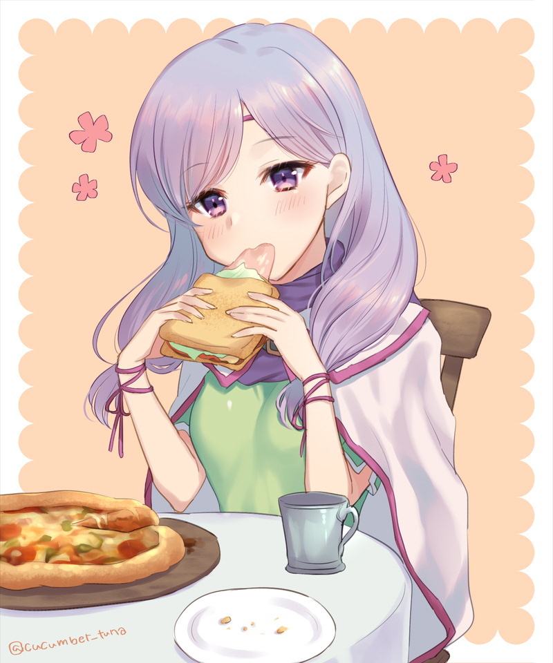 1girl, awayuki_ramika, blush, cape, circlet, eating, fire_emblem, fire_emblem:_path_of_radiance