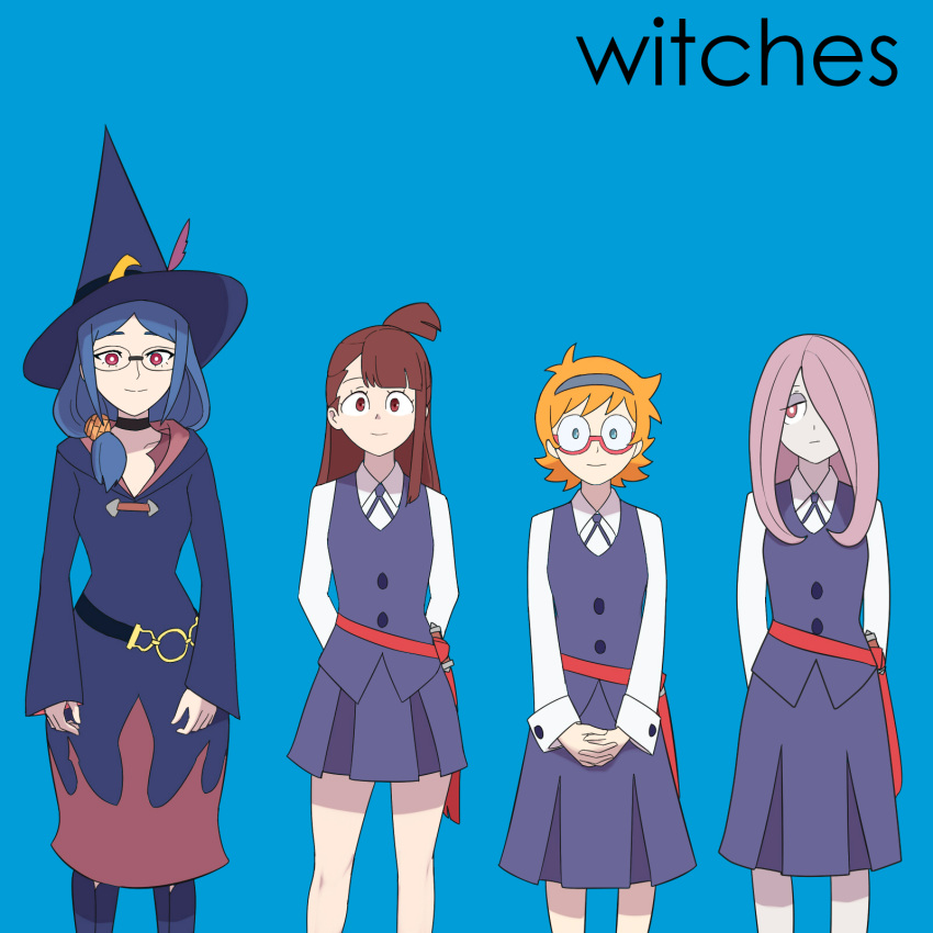 4girls, arms_behind_back, bangs, blue_dress, blue_hair, blue_skirt, blunt_bangs, brown_hair, diooksan, dress, hat, highres, kagari_atsuko, little_witch_academia, long_hair, looking_at_viewer, lotte_jansson, md5_mismatch, multiple_girls, orange_hair, own_hands_together, purple_hair, school_uniform, short_hair, side_ponytail, skirt, sucy_manbavaran, ursula_charistes, weezer_(band), witch_hat