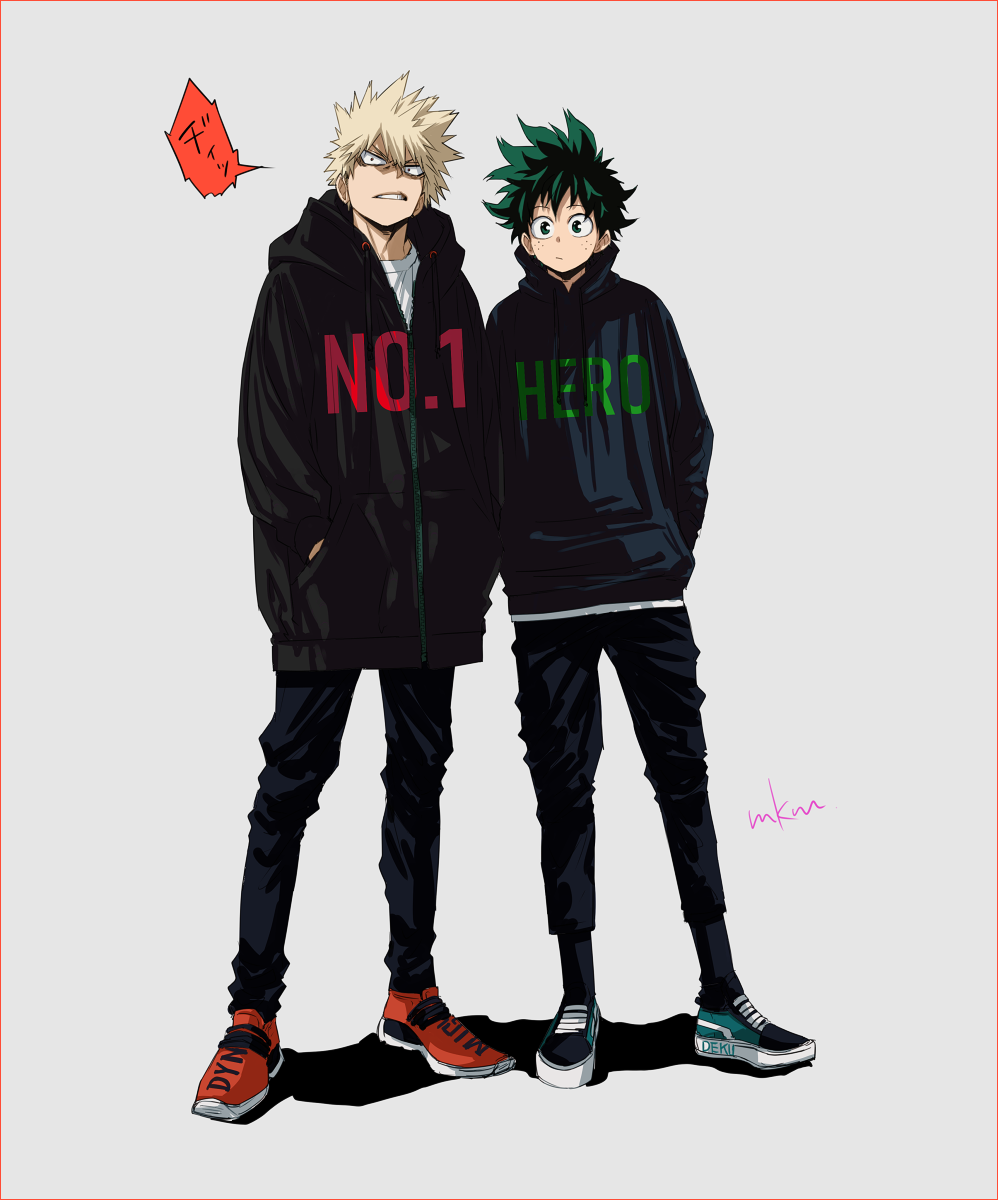 2boys, bakugou_katsuki, blonde_hair, boku_no_hero_academia, english_text, freckles, green_eyes, green_footwear
