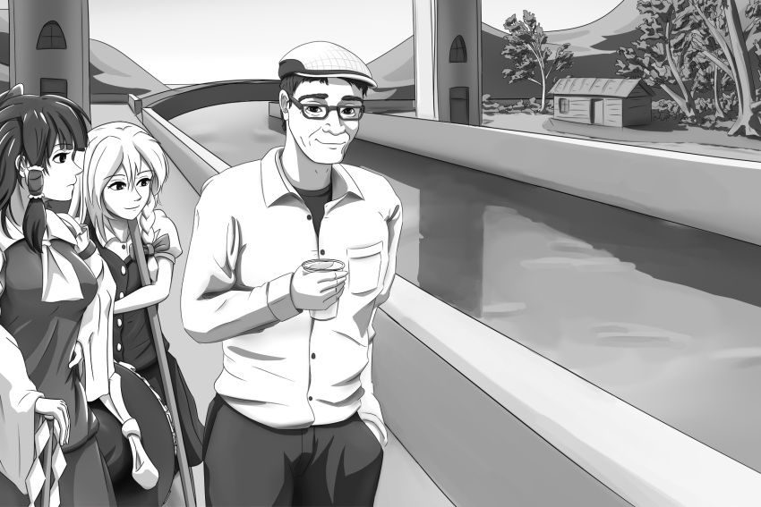 1boy, 2girls, black_pants, breasts, bridge, canal, collared_shirt, cup, english_commentary, fine_art_parody, greyscale, hakurei_reimu, hand_in_pocket, highres, holding, holding_cup, holding_weapon, kirisame_marisa, long_hair, looking_at_viewer, medium_breasts, monochrome, multiple_girls, outdoors, pants, parody, rectangular_eyewear, shirt, short_hair, snakfusker, touhou, tree, walking, weapon, wide_sleeves, zun