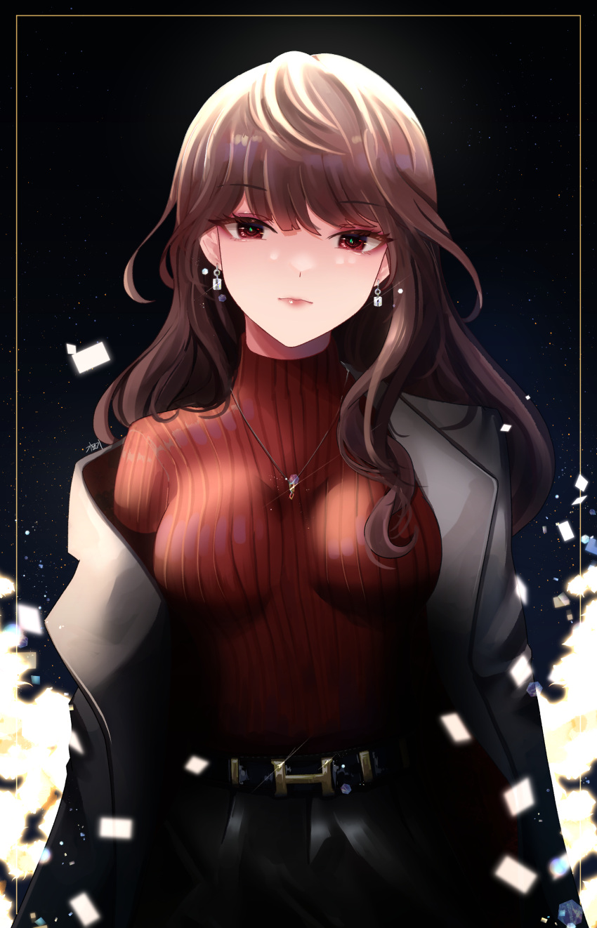 1girl, absurdres, bangs, belt, black_skirt, breasts, brown_eyes, brown_hair