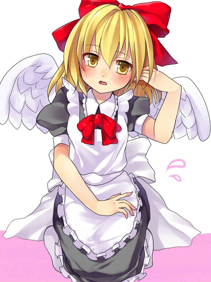 1girl, alternate_costume, angel_wings, apron, bad_id, bad_pixiv_id, bangs, black_dress, blonde_hair, blush, bow, breasts, collared_dress, dress, embarrassed, eyebrows_visible_through_hair, feathered_wings, frilled_apron, frilled_dress, frills, gengetsu_(touhou), hair_bow, hand_in_hair, head_tilt, highres, looking_at_viewer, medium_hair, meronpanna_(mikoniito), no_shoes, open_mouth, puffy_short_sleeves, puffy_sleeves, red_bow, seiza, short_sleeves, sitting, small_breasts, socks, touhou, touhou_(pc-98), white_apron, white_legwear, white_wings, wings, yellow_eyes
