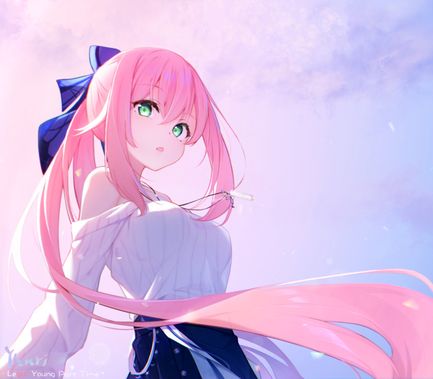 1girl, ai_floverse, blue_bow, blue_skirt, bow, breasts, character_name, chinese_commentary