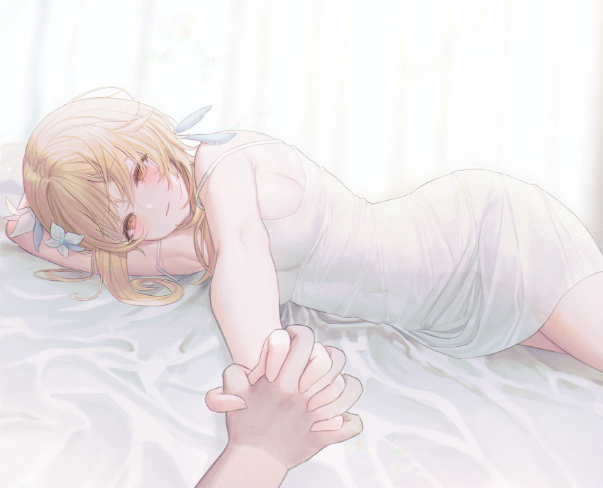 1girl, armpits, blonde_hair, blush, breasts, commentary, covered_navel, cowboy_shot