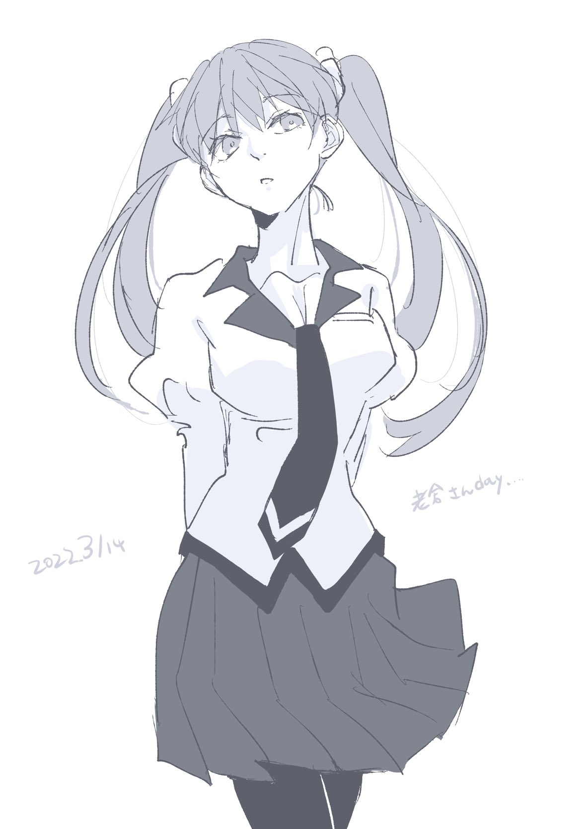 1girl, arms_behind_back, grey_eyes, grey_hair, greyscale, hair_ornament, highres, long_hair