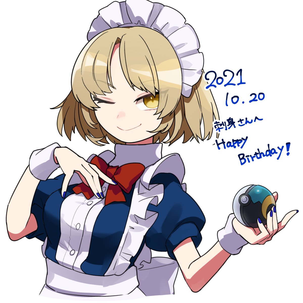 1girl, apron, back_bow, blonde_hair, blue_dress, blue_nails, bow, bowtie