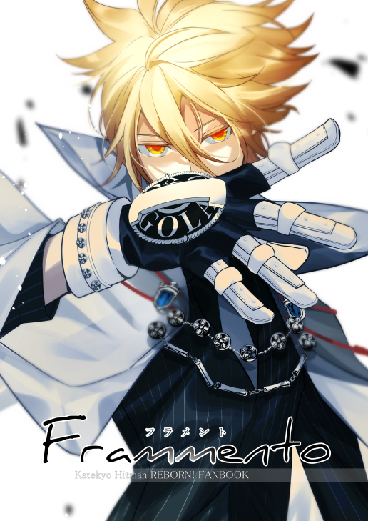 1boy, blonde_hair, blurry, blurry_background, brown_hair, capelet, chain, collared_jacket