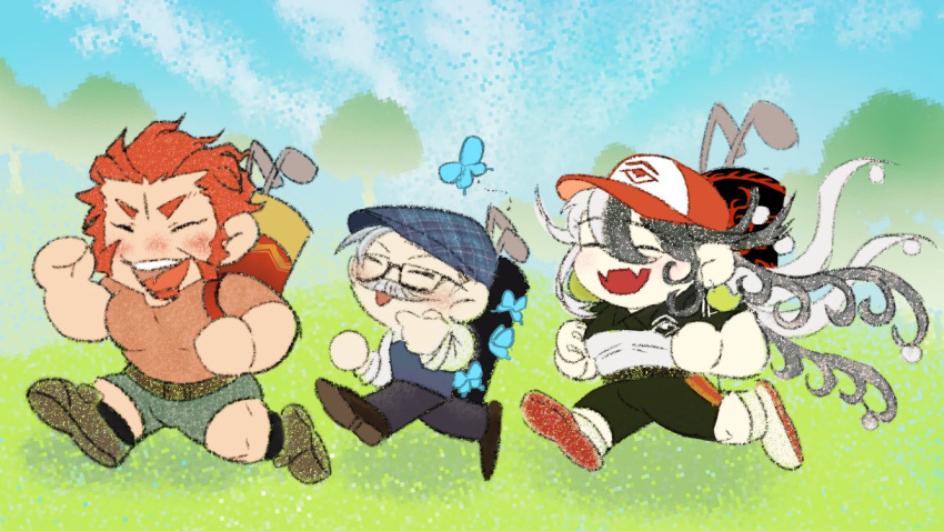 3boys, ashiya_douman_(power_shot)_(fate), beard, black_hair, blue_butterfly, blush, bug, butterfly