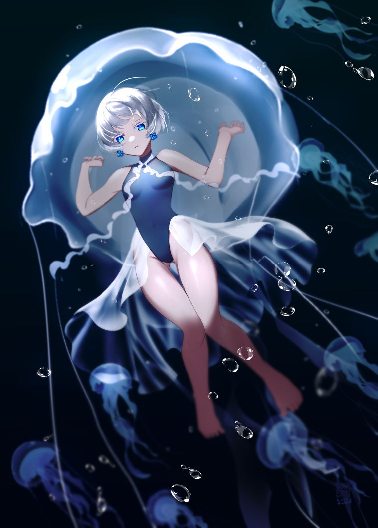 1girl, ass_visible_through_thighs, bare_arms, bare_legs, barefoot, blue_eyes, blue_swimsuit, breasts
