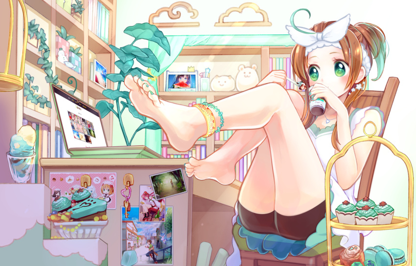 1girl, anklet, bare_shoulders, barefoot, bookshelf, brown_hair, chair, computer