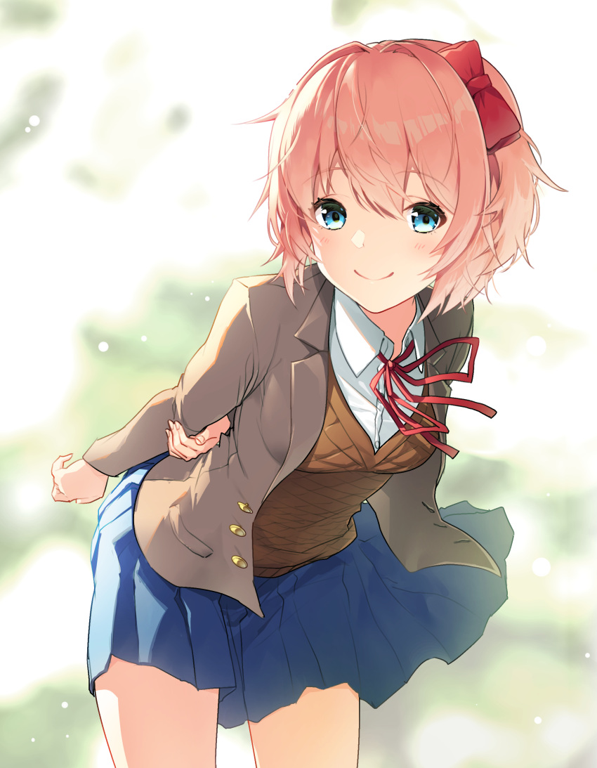 1girl, absurdres, arm_behind_back, blazer, blue_skirt, bow, breasts, brown_jacket