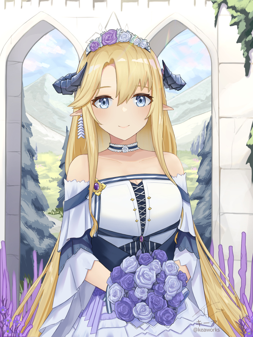 1girl, absurdres, arknights, blonde_hair, blue_eyes, blue_flower, blue_rose, bouquet